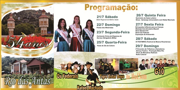 Confira a programação da festa dos 54 anos de Rio das Antas